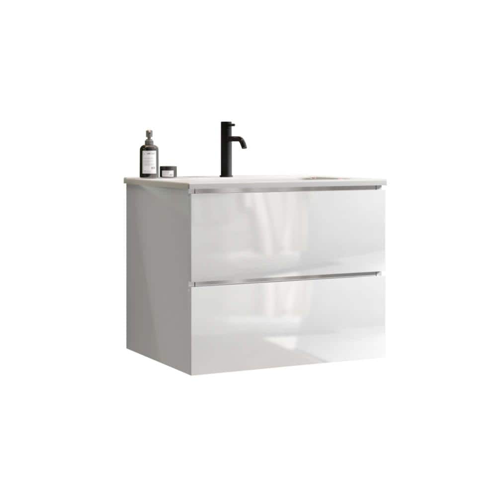 Luxeyard Wall Mounted White Glossy Bathroom Vanity with Ceramic Sink with One Faucet Hole Large Storage Floating