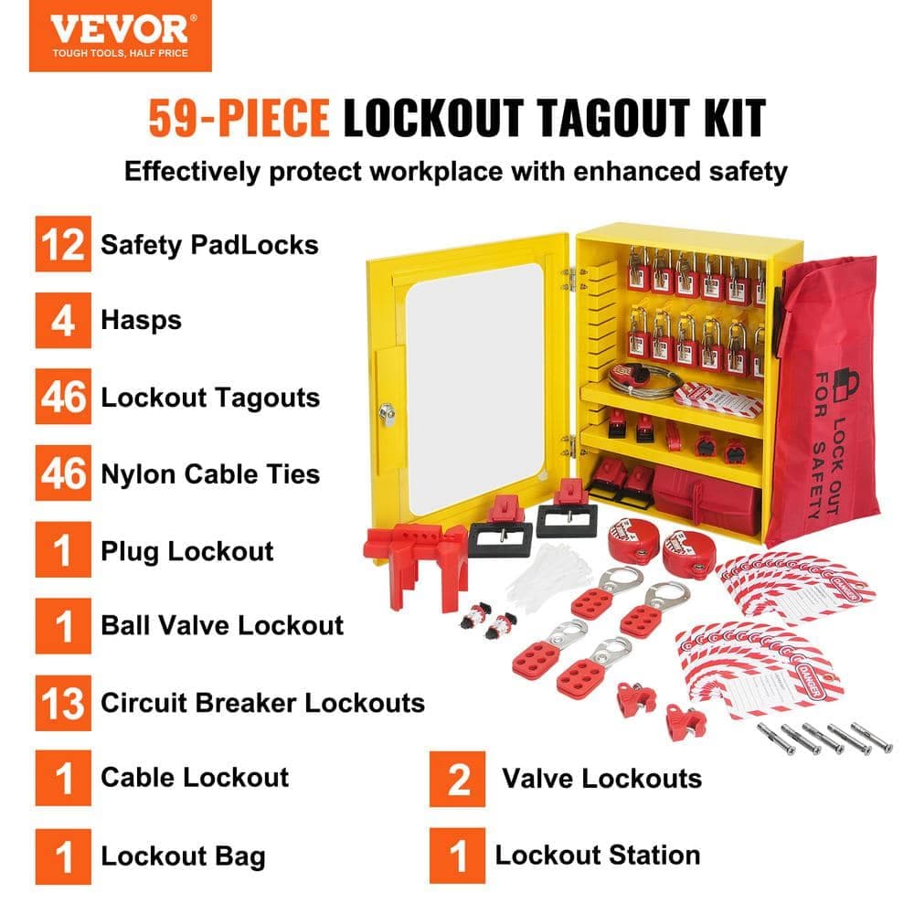 VEVOR Electrical Lockout Tagout Kit 59-Piece Safety Lockout Tagout Station With Padlocks Hasps Tags Ties Plug Lockout (2)