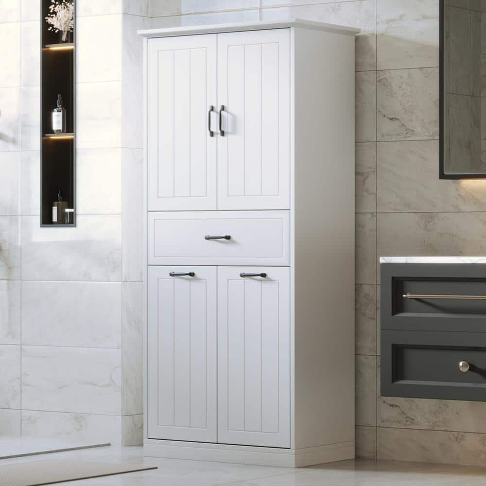 Lycvki 29.9 in. W x 15.7 in. D x 65.8 in. H White Linen Cabinet with 2 Doors, Drawer and 2 Laundry Baskets for Bathroom (2)