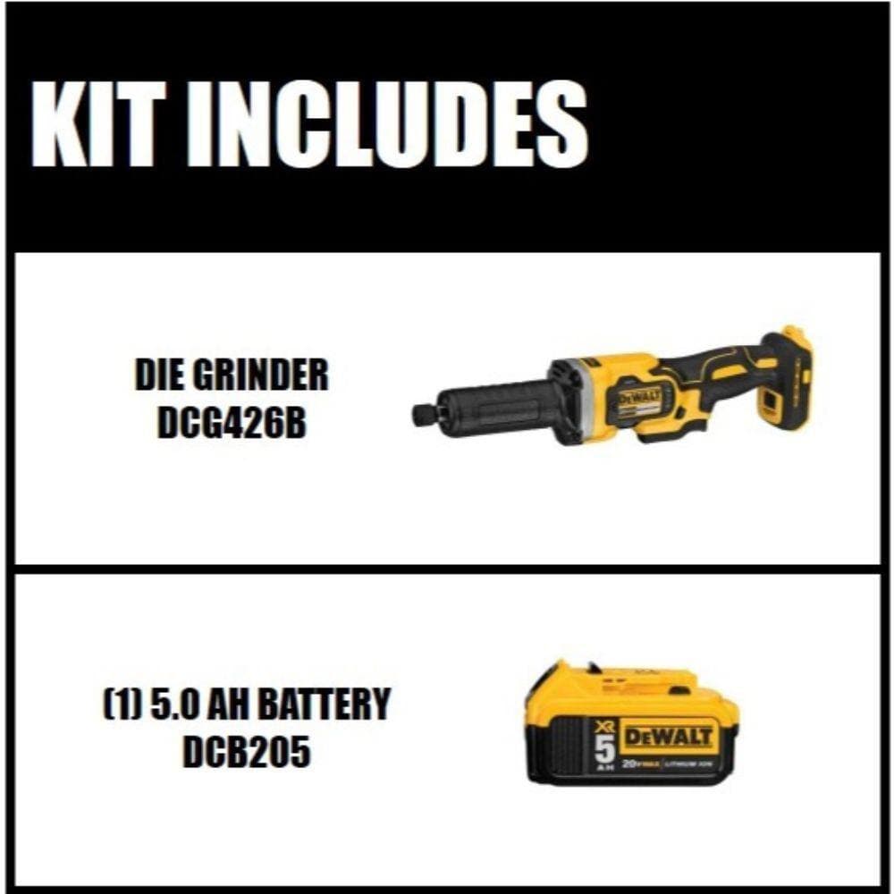 DEWALT 20V MAX Cordless Brushless 1-1/2 in. Variable Speed Die Grinder and (1) 20V MAX Premium Lithium-Ion 5.0Ah Battery (2)