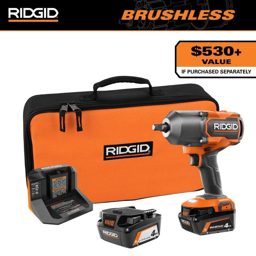 RIDGID 18V Brushless 4-Mode 1/2 in. High-Torque Impact Wrench Kit with 4.0 Ah Battery, Charger, and 18V 4.0 Ah Battery (1)