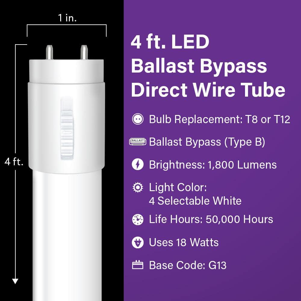 Feit Electric 18-Watt 4 ft. T8/T12 G13 Type B Ballast Bypass Linear LED Tube Light Bulb, Selectable White (10-Pack) (3)