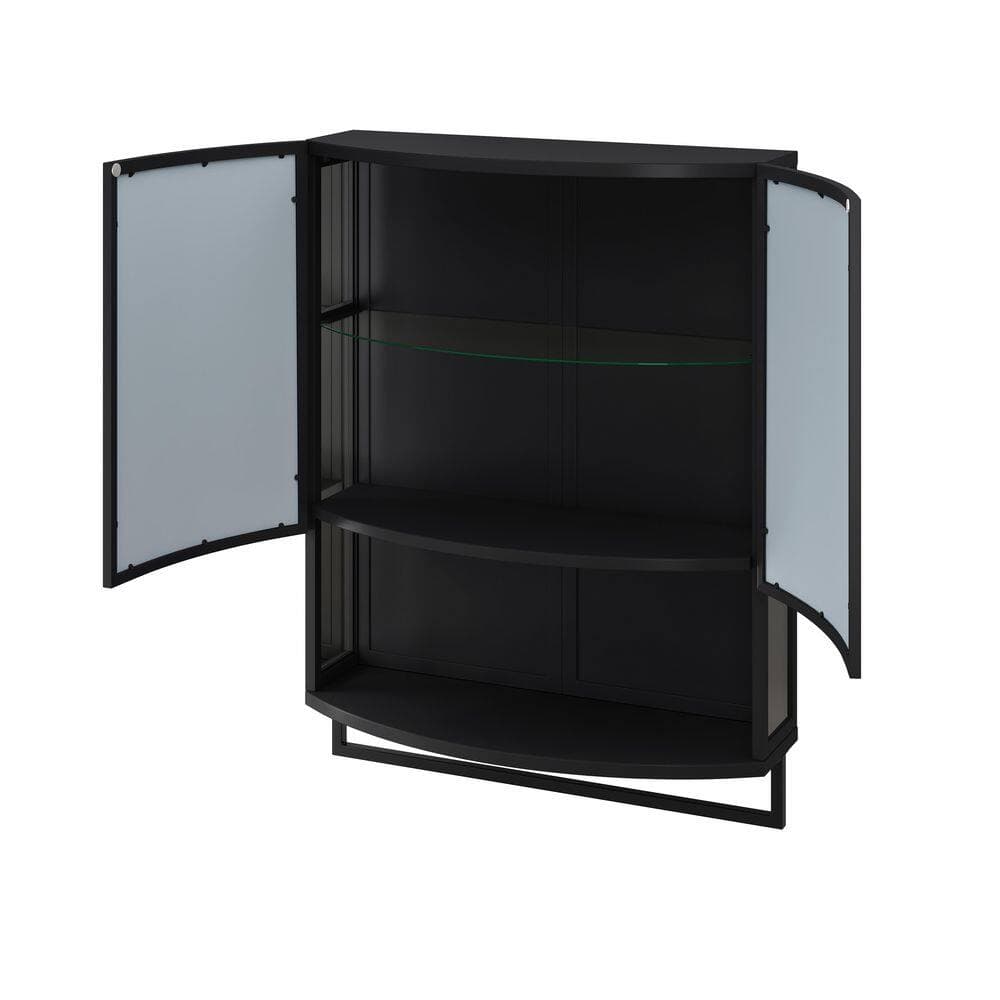 tunuo 24 in. W x 9 in. D x 32 in. H Bathroom Storage Wall Cabinet in Black, with Non-Glass Mirror, Open Shelf and Towel Rack (2)
