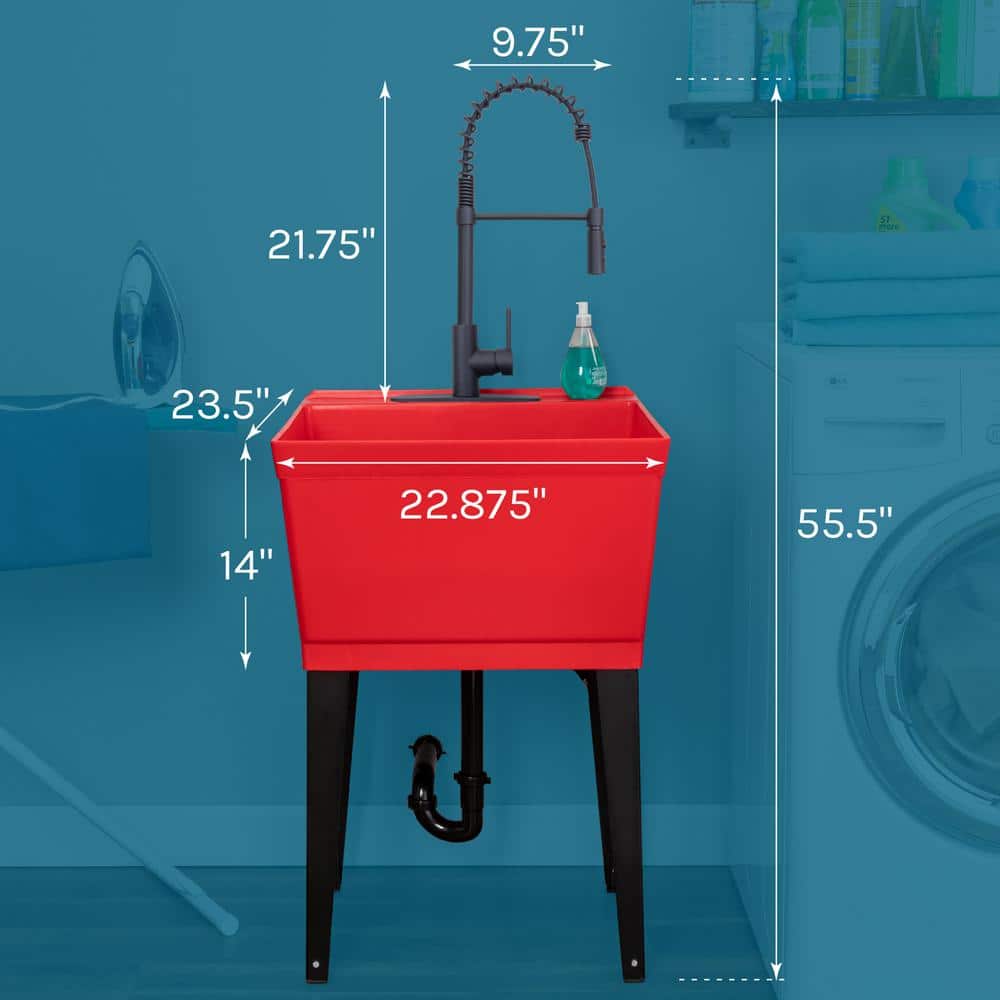 TEHILA 22.875 in. x 23.5 in. Thermoplastic Freestanding Standard Red Utility Sink Set with Black Coil Pull-Down Faucet (2)