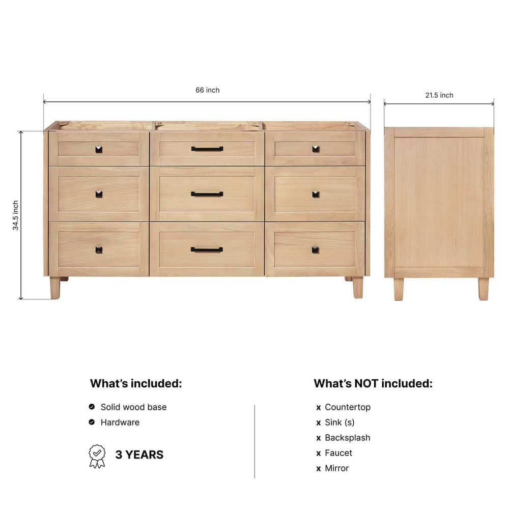 ARIEL Monroe 66 in. Freestanding Bathroom Vanity Cabinet without Top in Oak (Assembled) (2)