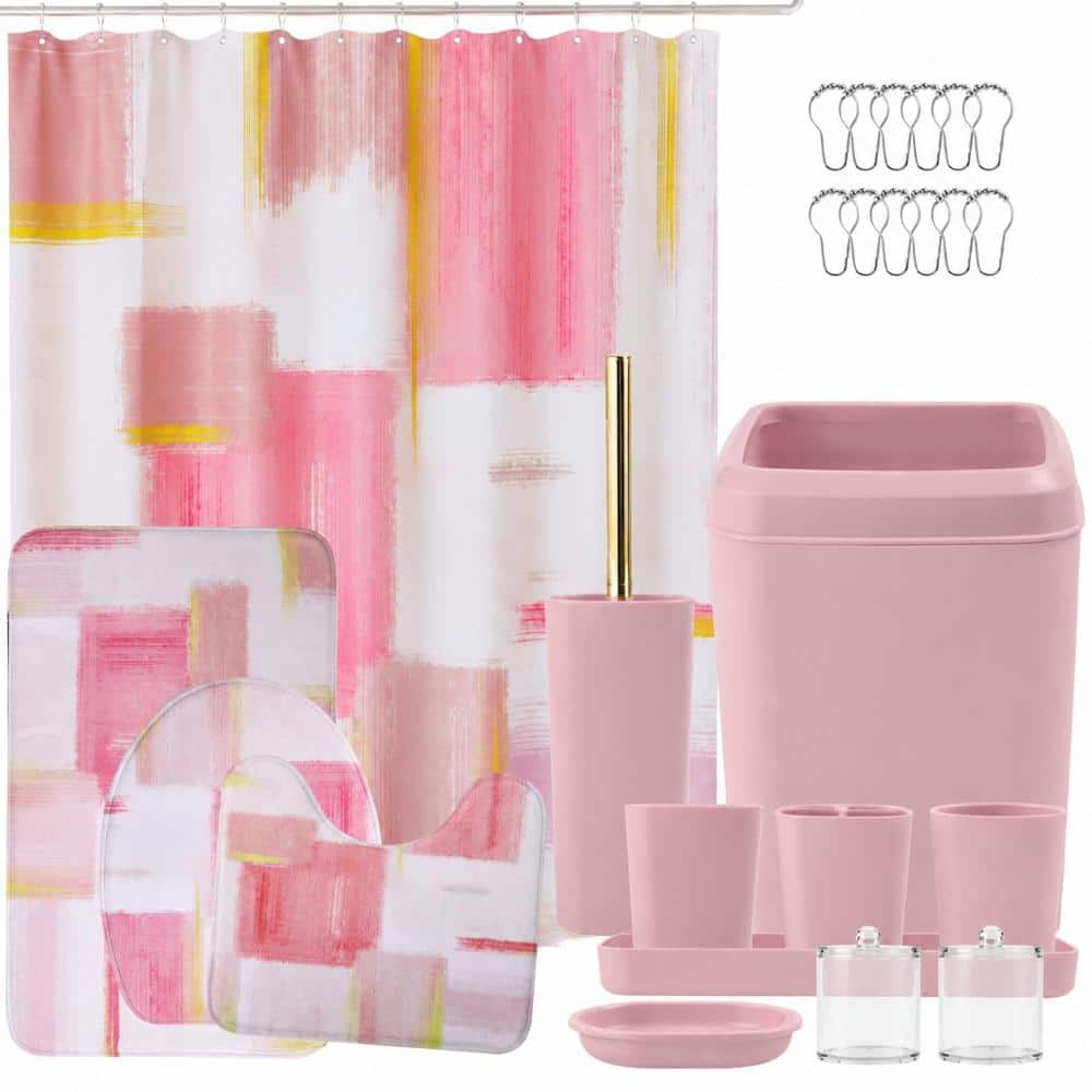 Unbranded Pink and Gold Bathroom Accessories Set with Shower Curtain and Rugs for Home Decor includes trash can (1)