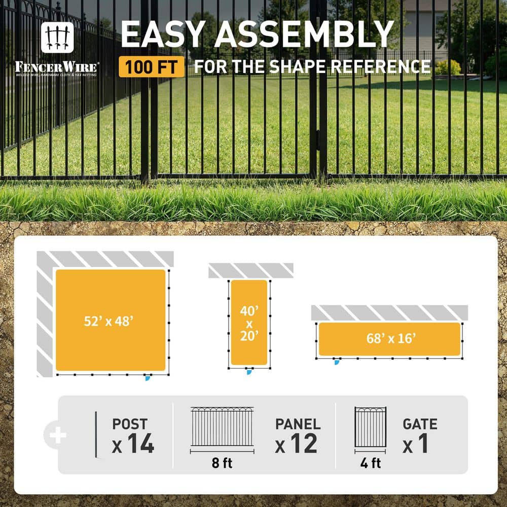 Fencer Wire 8 ft. x 5 ft. Black Steel Arc Flat Top Metal Fence Panel Kit with Arc Flat Top Fence Gate (Set of 100 ft. ) (2)