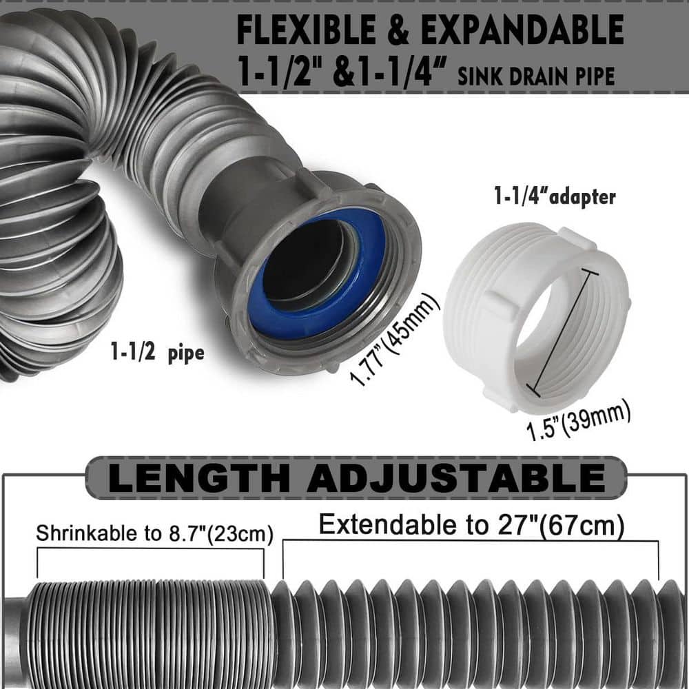 Helhom 2-Pack Flexible Expandable Double P-Trap Kit for 1 1/2" or 1 1/4" Drain, Plumbing Accessories in Gray (3)