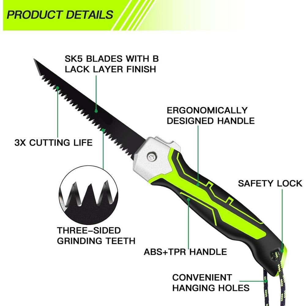 KIWDZFU Folding Jab Saw Blade Safety Catch Soft-Grip Handle Sheetrock Saw for Drywall Plasterboard PVC Thin Wood Panels Green (3)