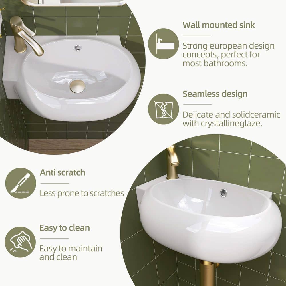 Zeafive 16.875 in. W x 11.25 in D Ceramic Wall-Mounted Bathroom Mini Vessel Sink with Single Right Faucet Hole in White (2)
