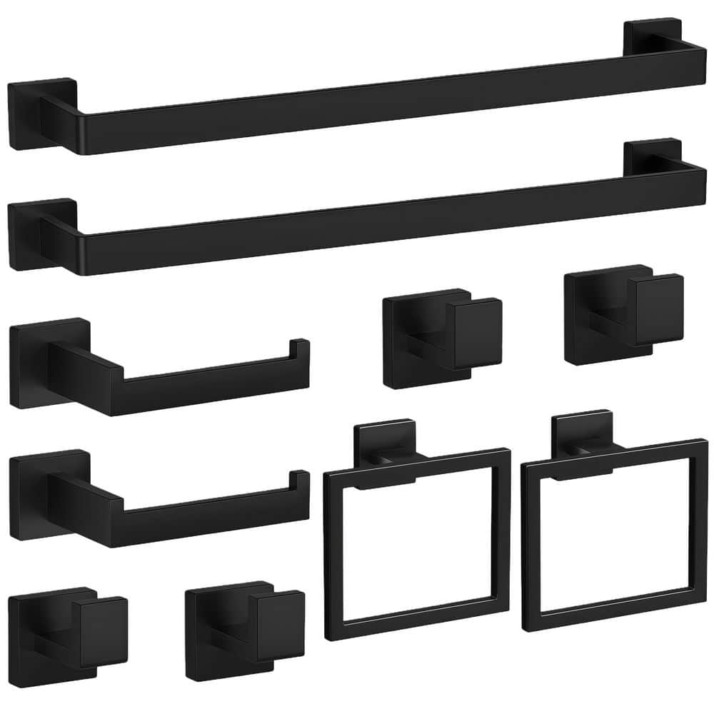 Wudkey 10-Piece Stainless Steel Bathroom Accessories Set, Includes Towel Bar Ring, Paper Holder, Towel Hooks in Matte Black (1)