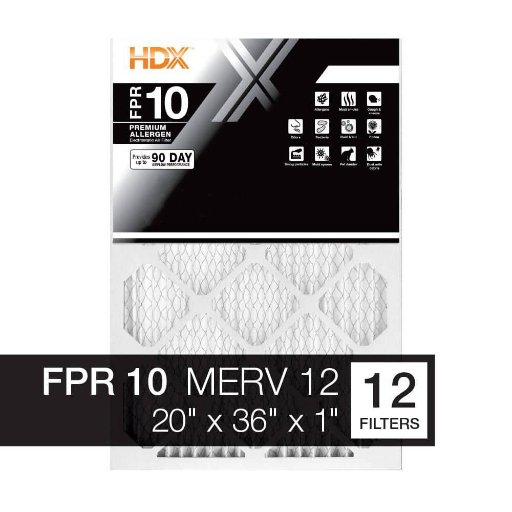 HDX 20 in. x 36 in. x 1 in. Premium Pleated Air Filter FPR 10, MERV 12 (12-Pack)