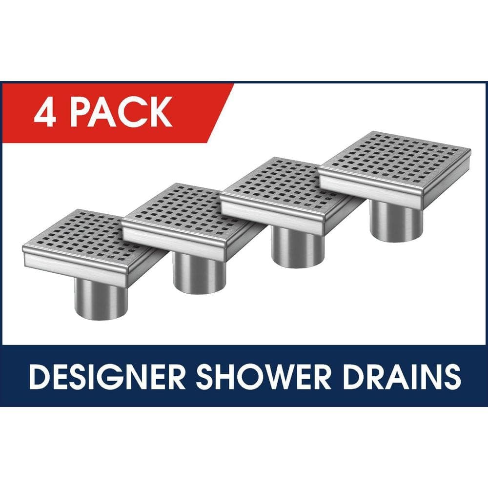 RELN 4 in. x 4 in. Stainless Steel Square Shower Drain with Square Pattern Drain Cover (4-Pack)