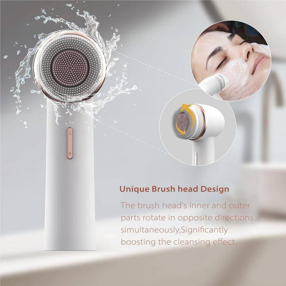 Wudkey 1-Piece Bathroom Accessory Set in White, Electric Facial Cleansing Brush with Silicone and Bristle Brushheads (2)