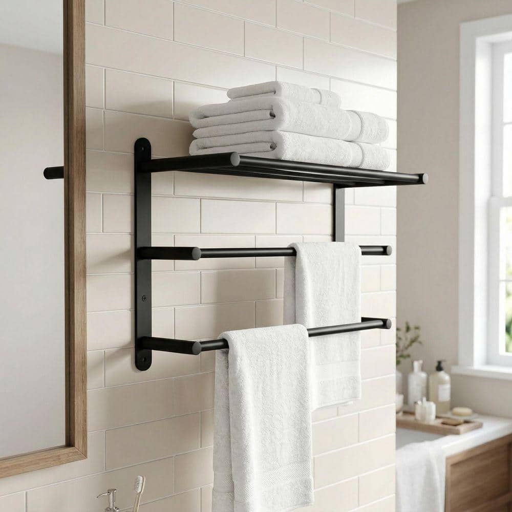 VEVETTA Round 24 in. 3-Tier Wall Mounted Towel Rack in Matte Black (2)