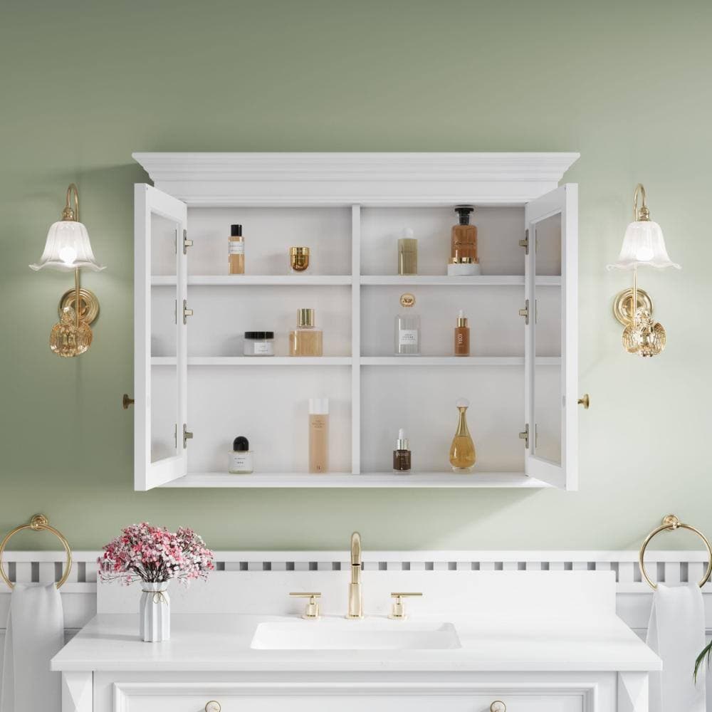 Eoviamne 40 in. W x 30 in. H White Rectangular Solid Wood Surface Mount Medicine Cabinet with Mirror, 2 Soft Close Doors (2)
