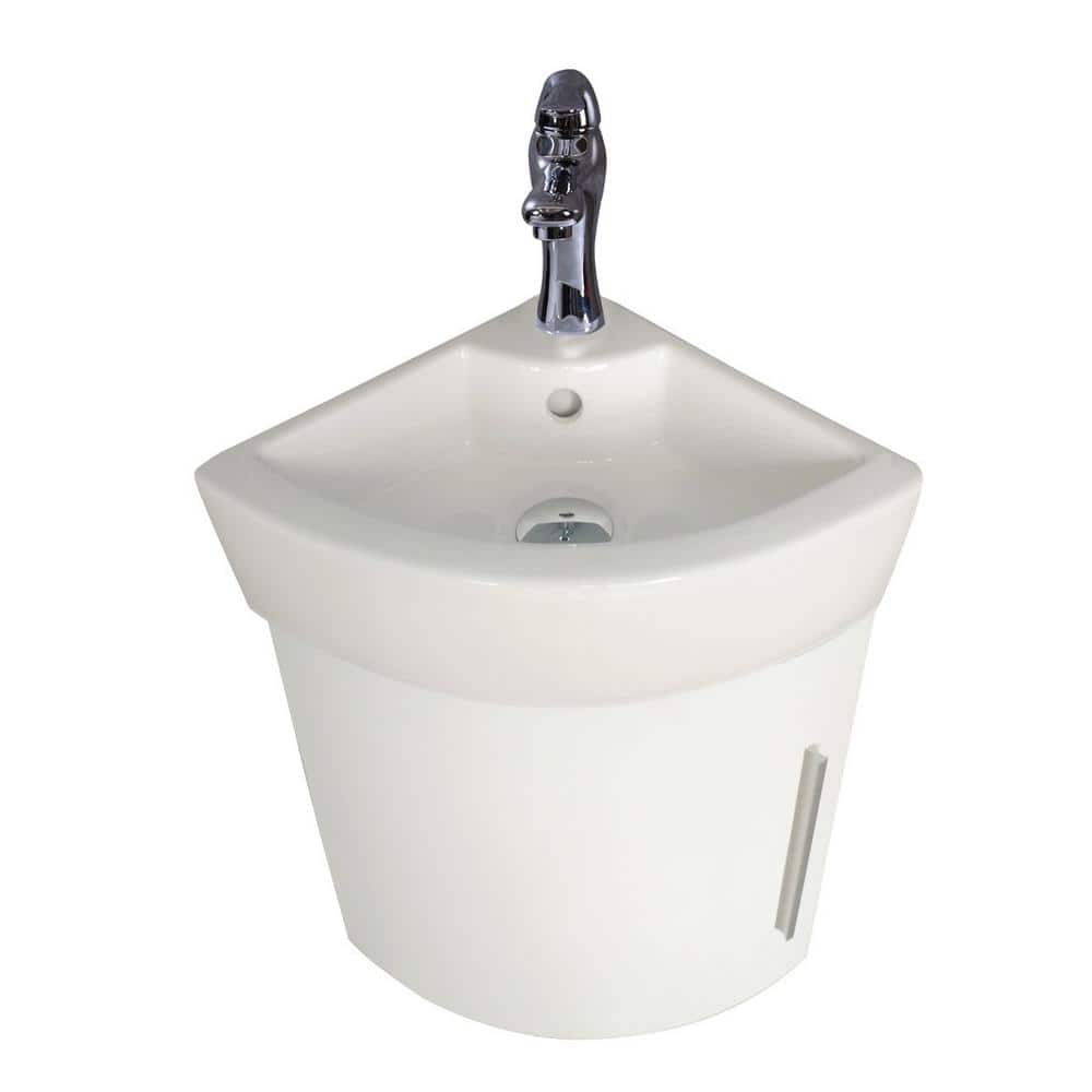 RENOVATORS SUPPLY MANUFACTURING Myrtle 16-1/2 in. Corner Wall Mounted Bathroom Vanity Sink Combo in White with Faucet Drain and Overflow (3)