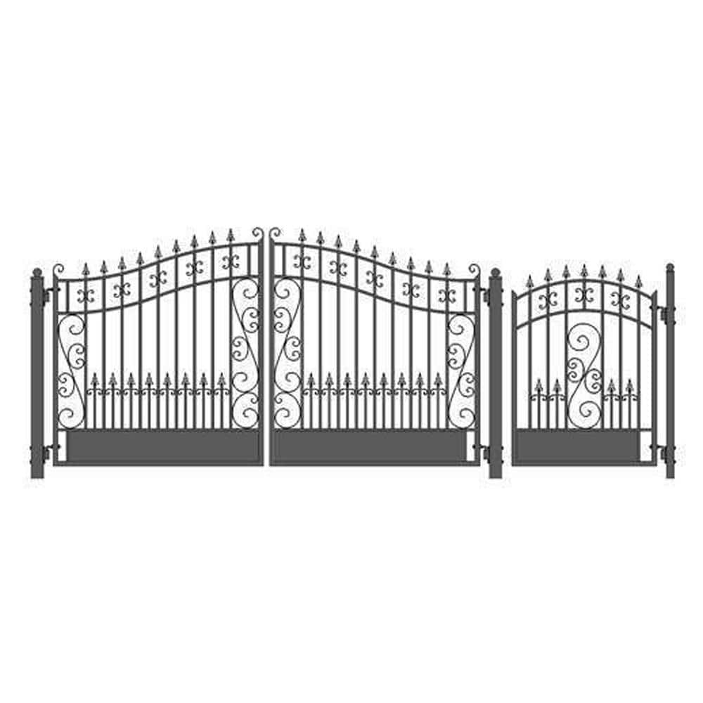 ALEKO 17 ft. x 6 ft. Black Steel Dual Swing Driveway Gate Venice Style 12 ft. with Pedestrian Gate 5 ft. Fence Gate (1)
