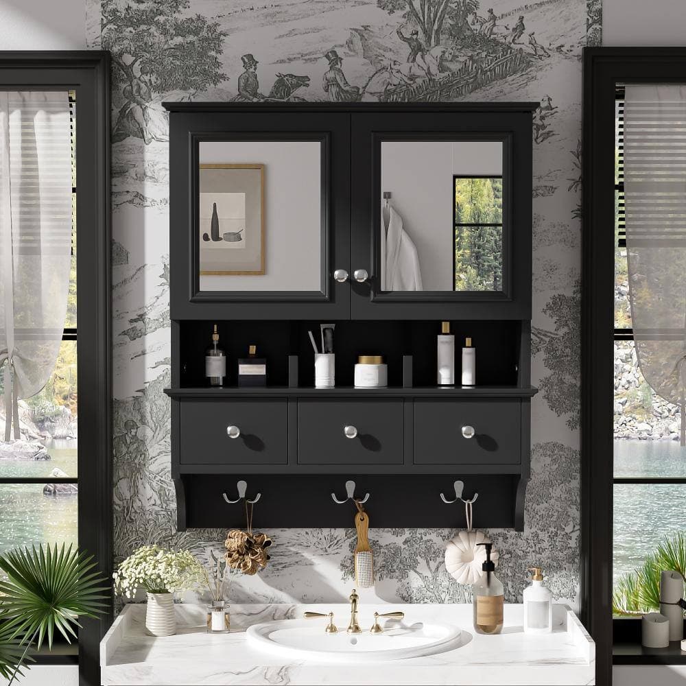 Flynama 24-Inch 4-In-1 Mirror Cabinet, Wall Mount Medicine Cabinet With Drawers And Hooks, Bathroom Storage (3)