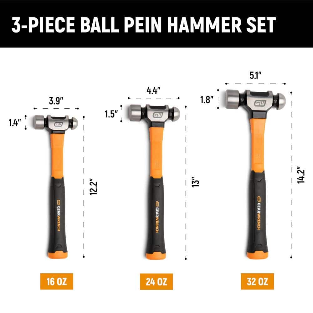 GEARWRENCH Ball Pein Hammer Set with Fiberglass Handles (3-Piece) (3)