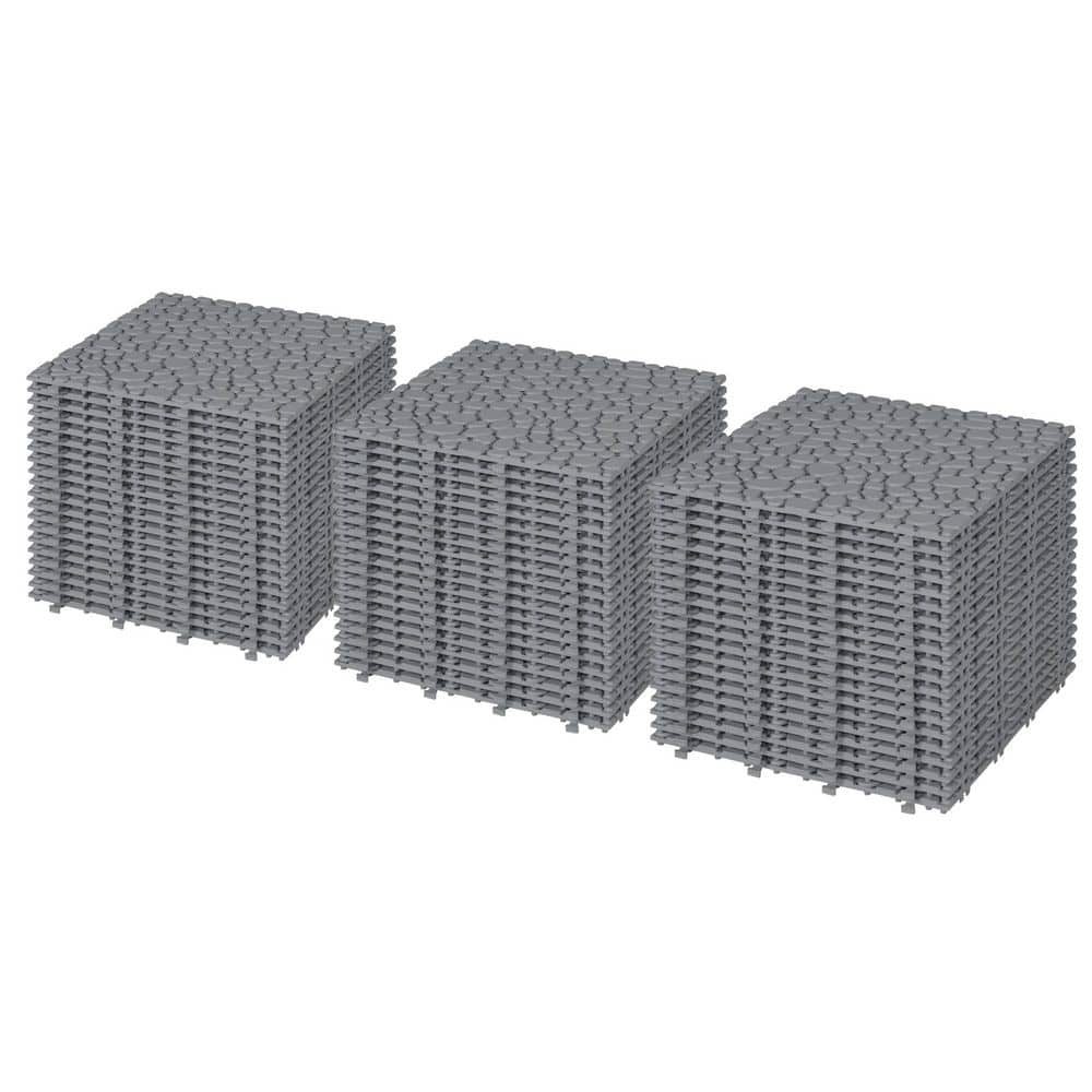 Unbranded 12 in. x 12 in. Gray PVC Interlocking Deck Tiles Plastic Waterproof Outdoor Pebble Stone Pattern (Pack of 60) (1)
