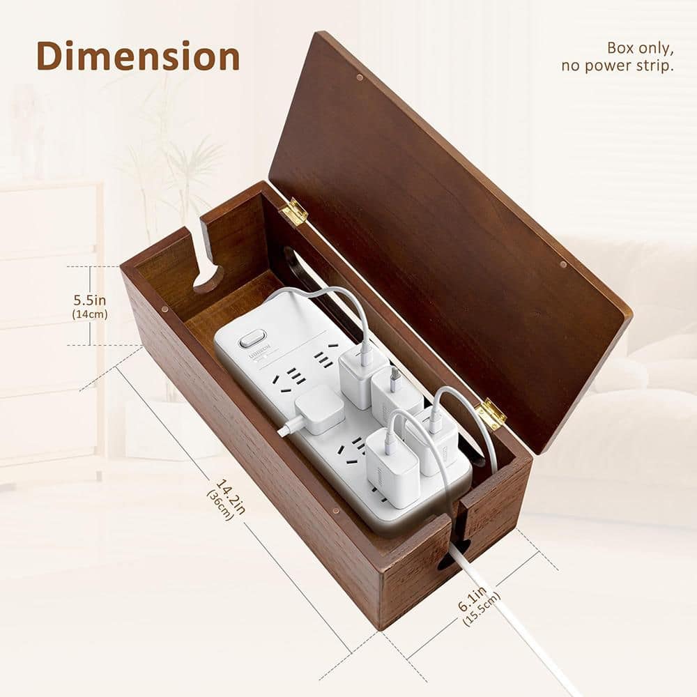 Ahfiwaso Elegant Solid Wood Large Cable Management Box Magnetic Lid Cord Organizer Brown Power Strip Cover for Desk Floor (3)