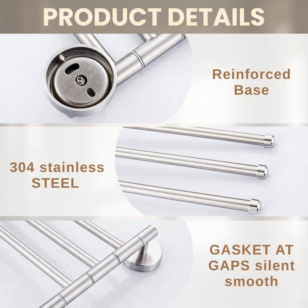 VEVETTA Stainless Steel 12.4 in. Wall Mounted 3-Swivel Arms Towel Bar in Brushed Nickel (3)