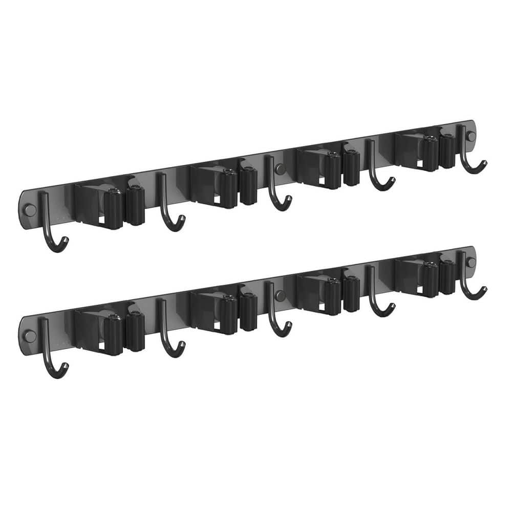 NVNOO 4-Racks and 5-Hooks Wall Mount Mop and Broom Holder for Kitchen Garden Room Wall Decor and Storage, Black (1)