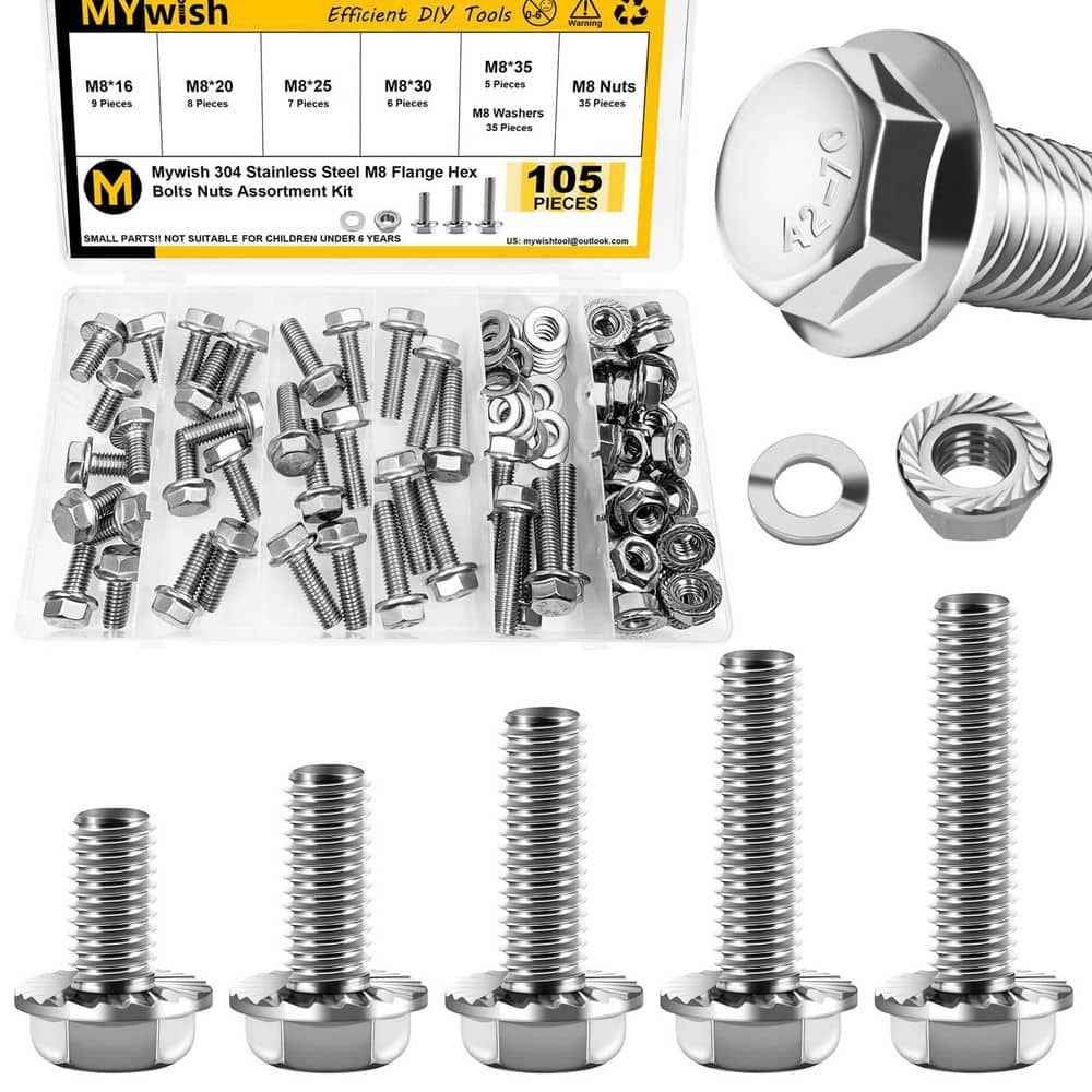 MYWISH 105-Piece M8 x 1. 25 Flanged Hex Head Bolt and Serrated Flange Nut Kit, 304-Stainless Steel, DIN 6921 (1)