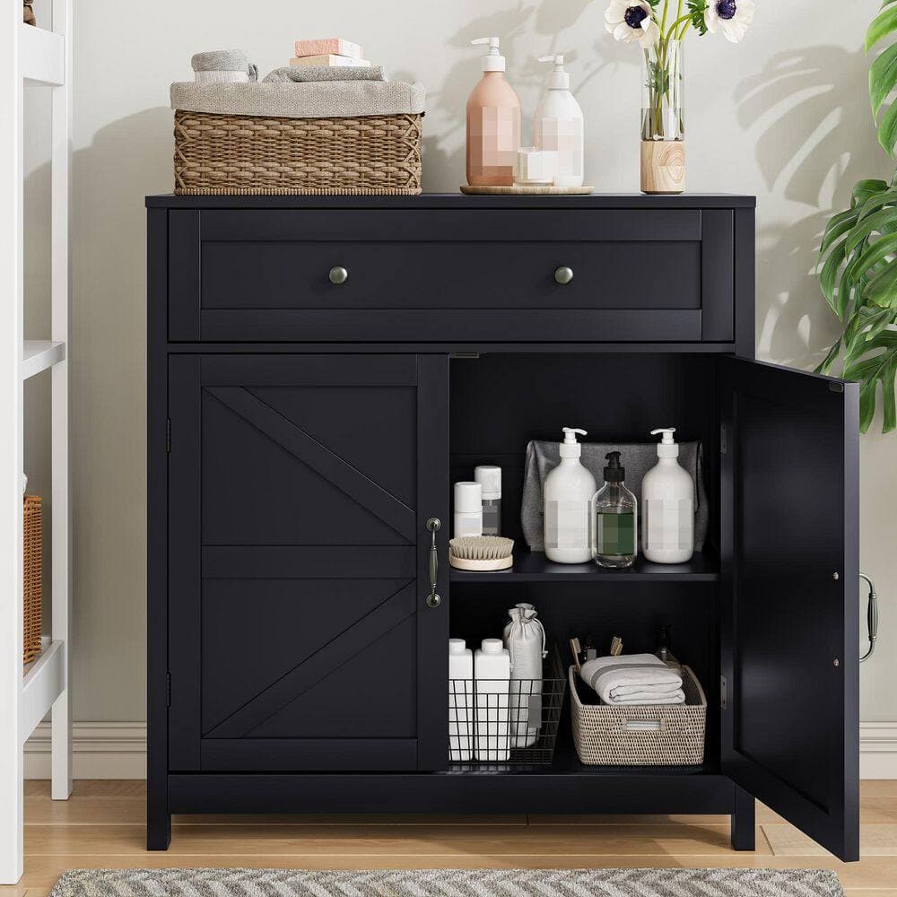 YSQCAR 30 in. W x 12 in. D x 32.5 in. H Black MDF Freestanding Linen Cabinet with Door (3)
