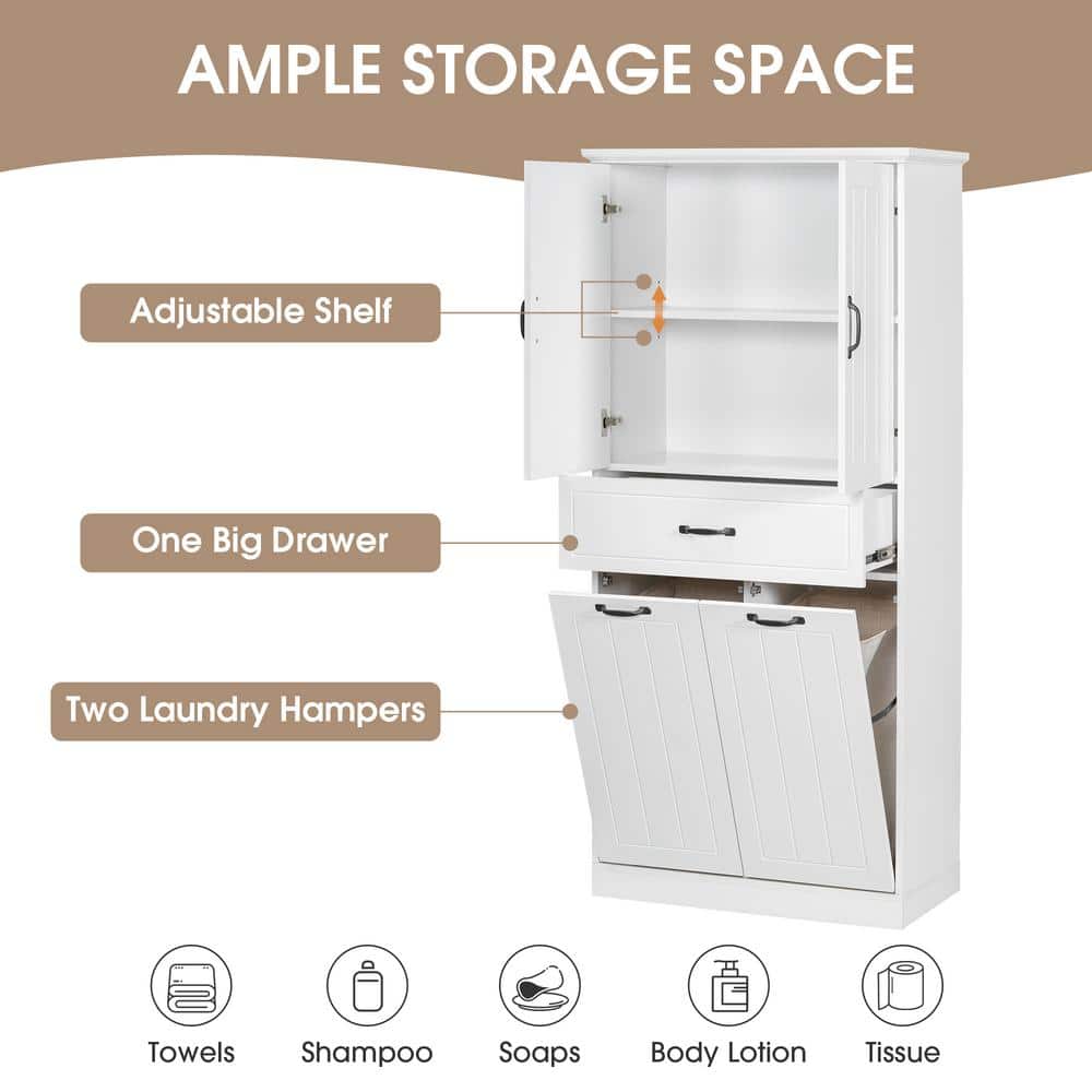 Lycvki 29.9 in. W x 15.7 in. D x 65.8 in. H White Linen Cabinet with 2 Doors, Drawer and 2 Laundry Baskets for Bathroom (3)