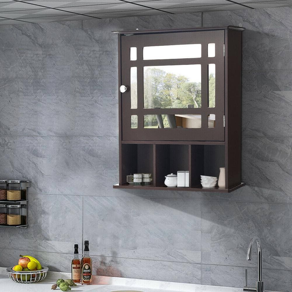 WELLFOR 20 in. W x 24 in. H x 6 in. D Bathroom Storage Wall Cabinet with 1 Glass Doors and Adjustable Shelf in Brown (2)