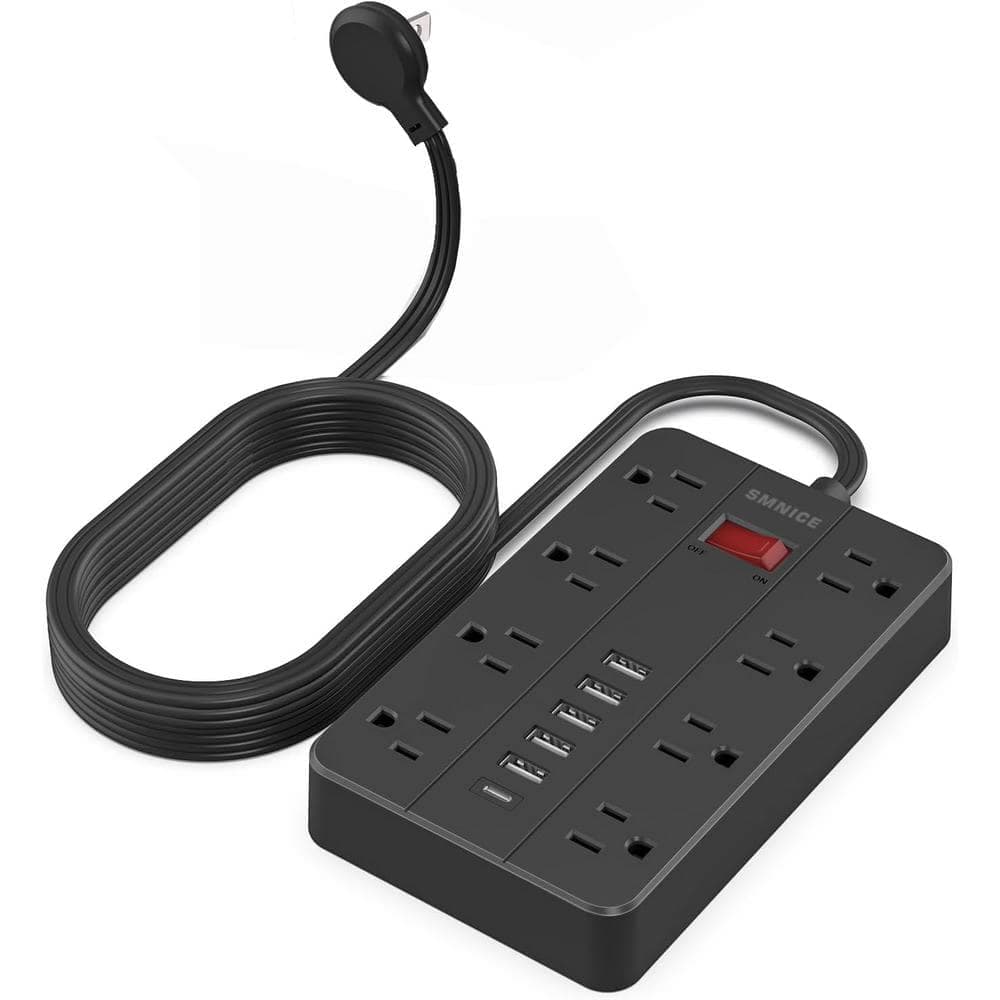 Lukyamzn 10 ft. Power Strip Surge Protector with Flat Plug, 8-Outlets and 6-USB Ports (1-USB-C), Wall Mountable in Black (1)