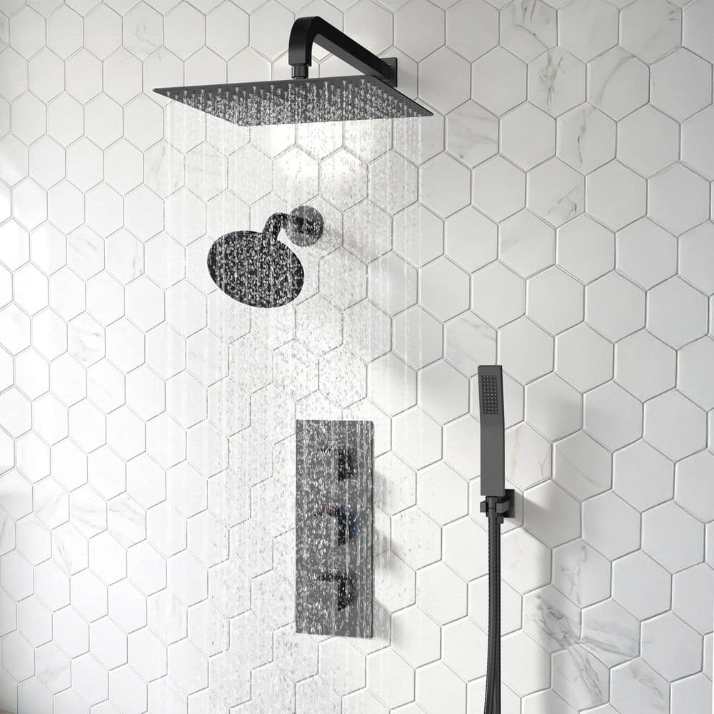YAWWALK Thermostatic 5-Spray 12 x 6 in. Wall Mount Dual Shower Head and Handheld Shower in Matte Black (Valve Included) (2)