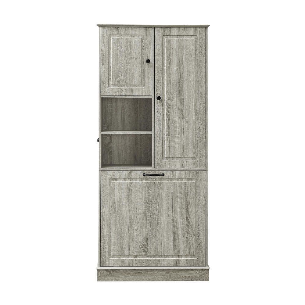 JUJABU 29.9 in. W x 14.2 in. D x 67.7 in. H Oak Beige Linen Cabinet with Adjustable Shelves, Large Flip-Out Basket (1)