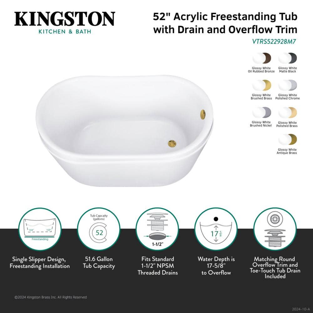 Kingston Brass Aqua Eden 52 in. Acrylic Flatbottom Freestanding Soaking Bathtub in Glossy White/Antique Brass with Drain (2)