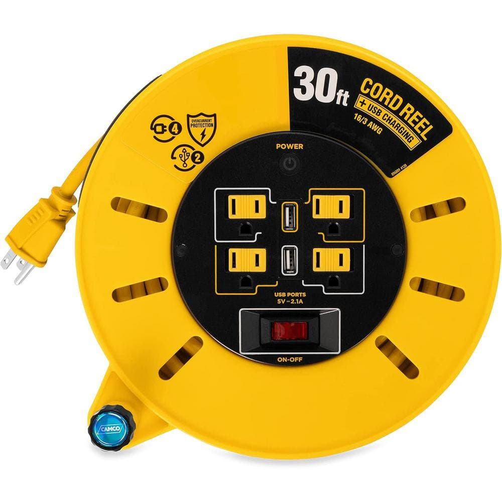 Yichuhaoxi Extension Cord Reel 30 ft. 14/ 4 Outlets & 2 USB Port, Indoor/Outdoor with On/Off & Built-In Circuit Breaker Yellow Cord (3)