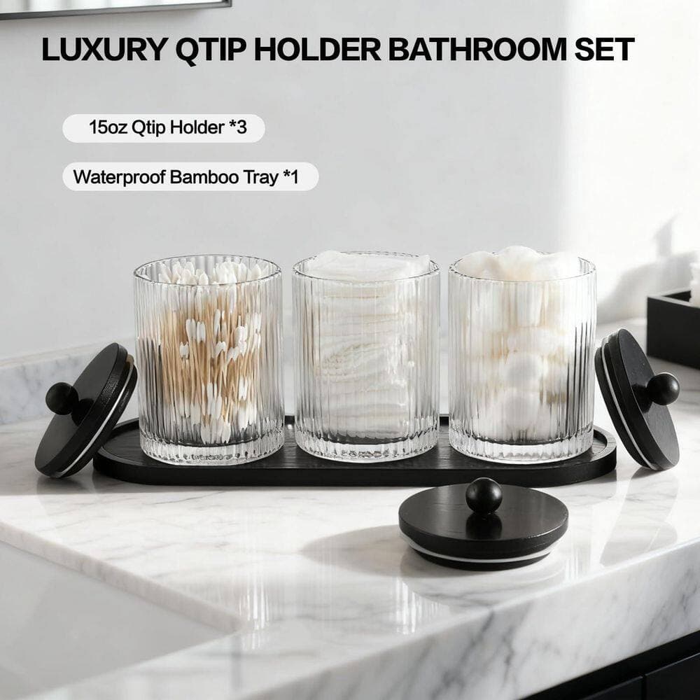 KHKFY 3-Pack Glass Apothecary Bathroom Storage Jars with Black Bamboo Lids and Waterproof Tray for Cotton Swabs (2)