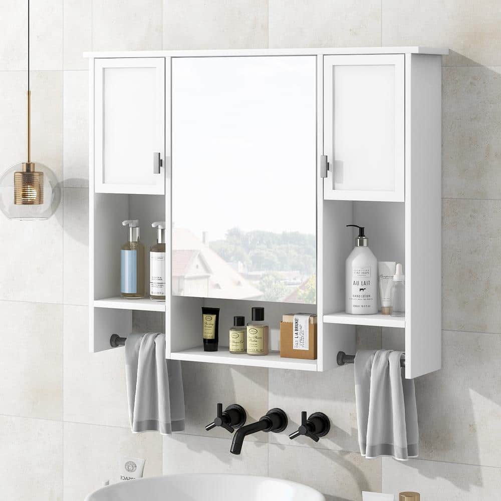 COWLOWN 35.00 in. W x 6.70 in. D x 28.70 in. H Bathroom Storage Wall Cabinet in White with Mirror and Towels Bar (3)