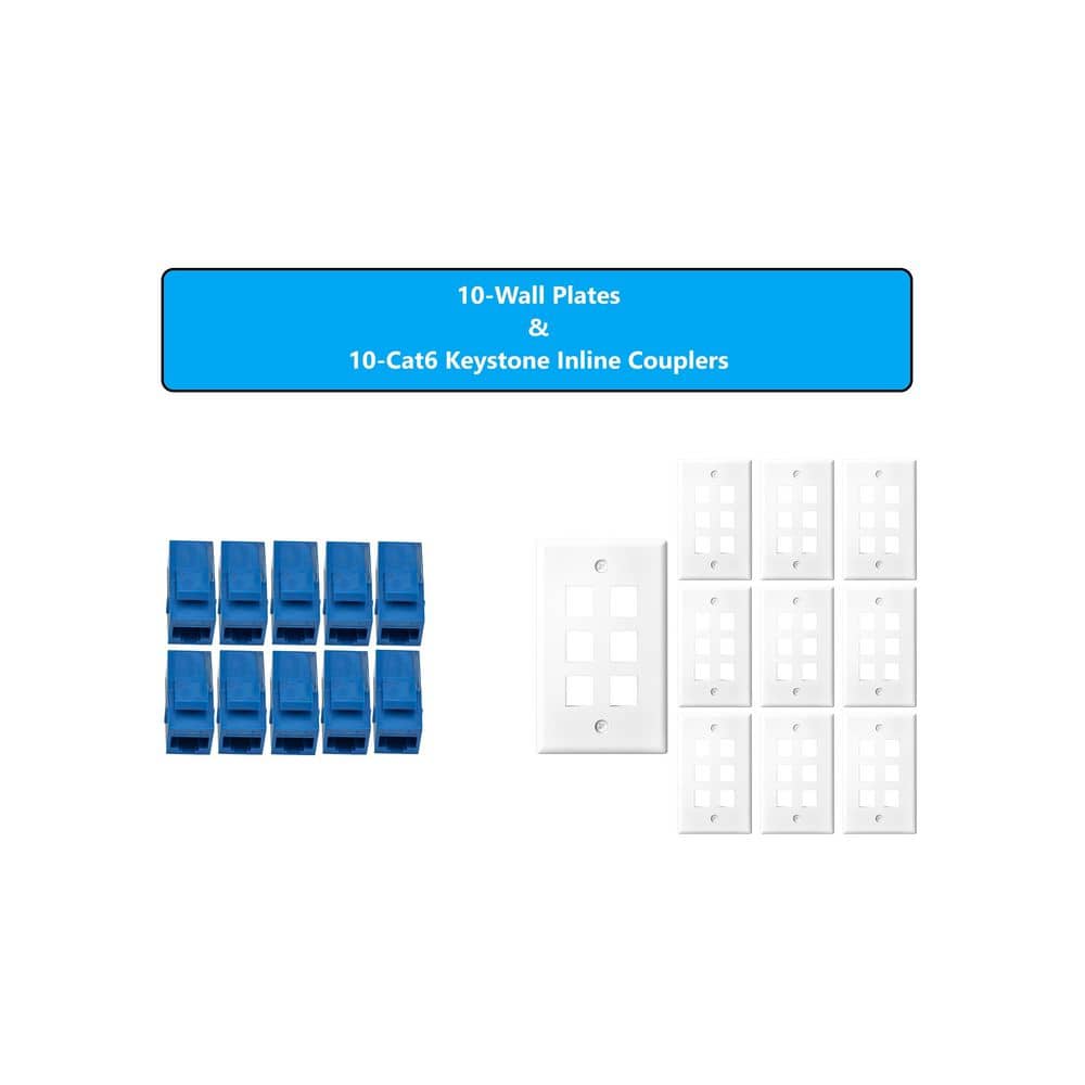 Micro Connectors, Inc 10-Pack 1-Gang White Keystone Plastic Wall Plate 6-Port and 10 Cat 6 RJ45 Keystone Inline Couplers Blue (2)