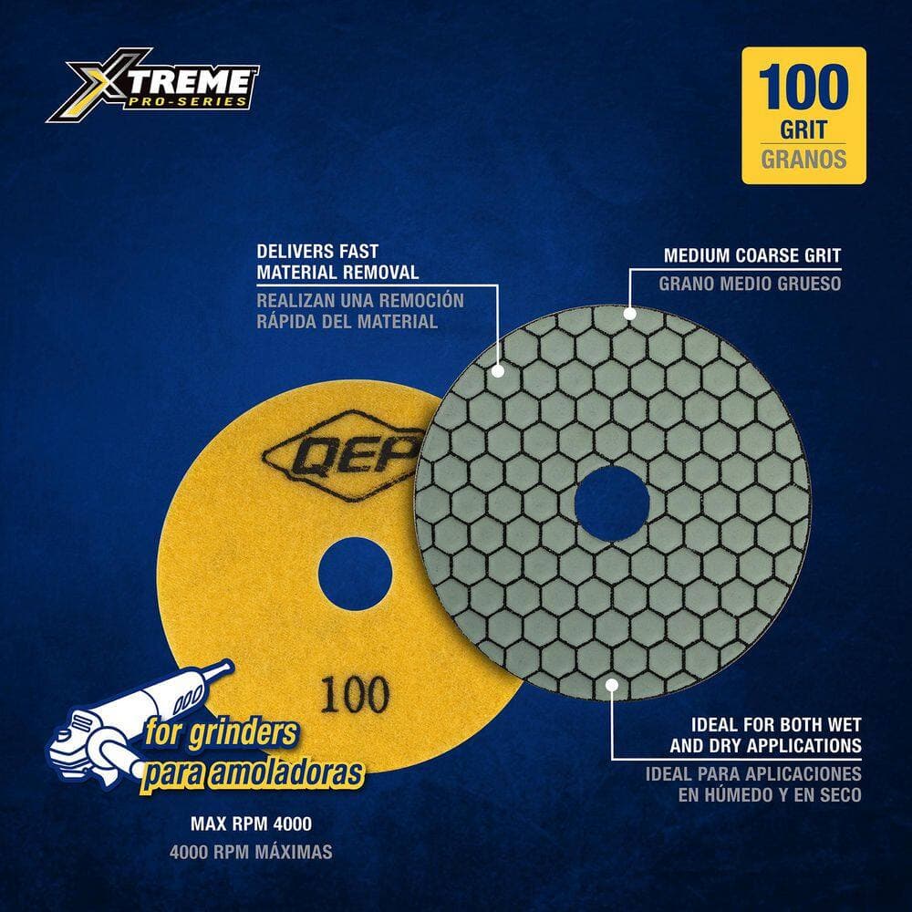 QEP Xtreme 4 in. Dry Diamond Polishing Pad with 100 Grit for Ceramic, Porcelain, Engineered Stone, Concrete, Marble, Granite (2)