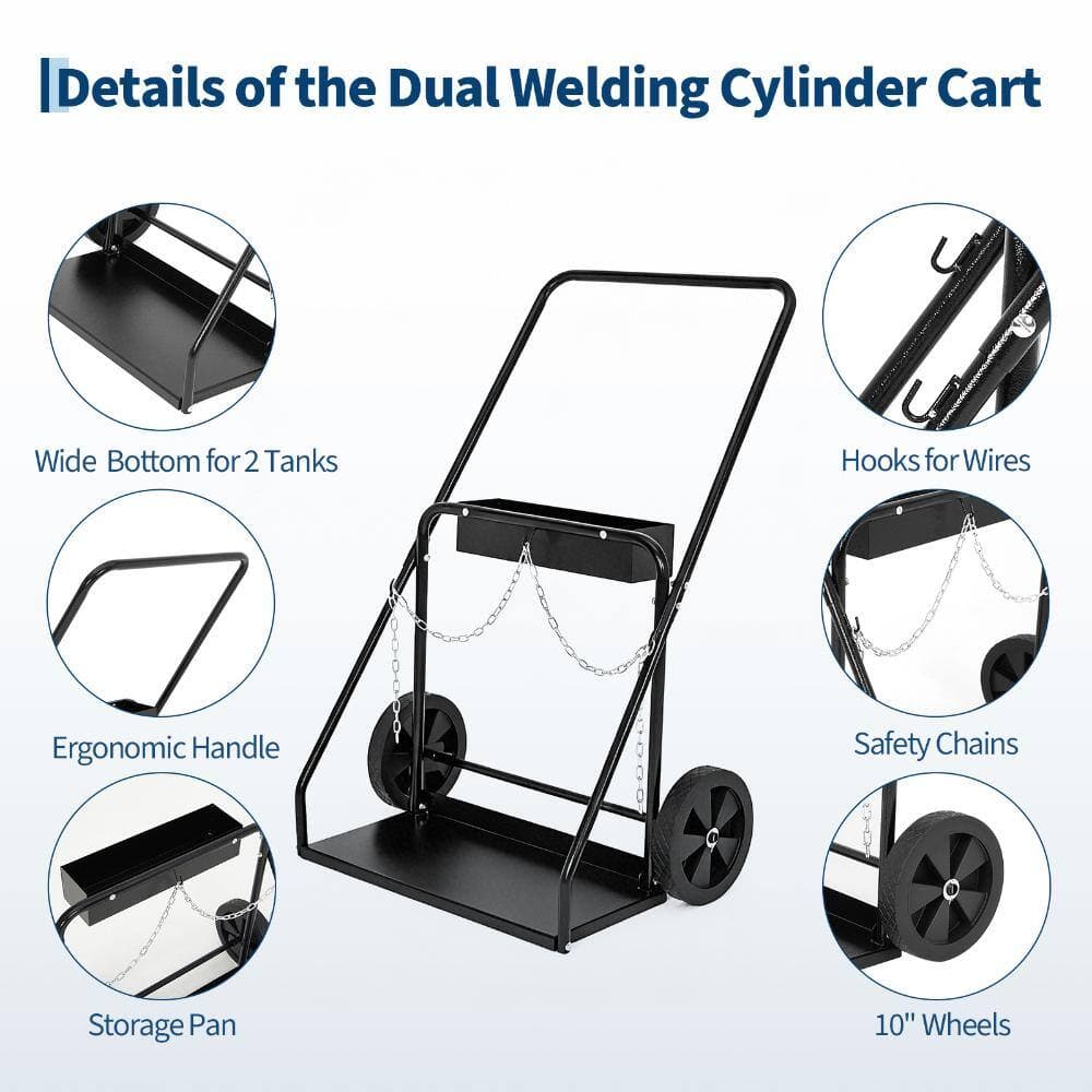 PioneerWorks Welding Cylinder Cart,Heavy Duty Carbon Steel Oxygen Acetylene Tank Cart Rolling Welder Cart with Handle and Chains (3)