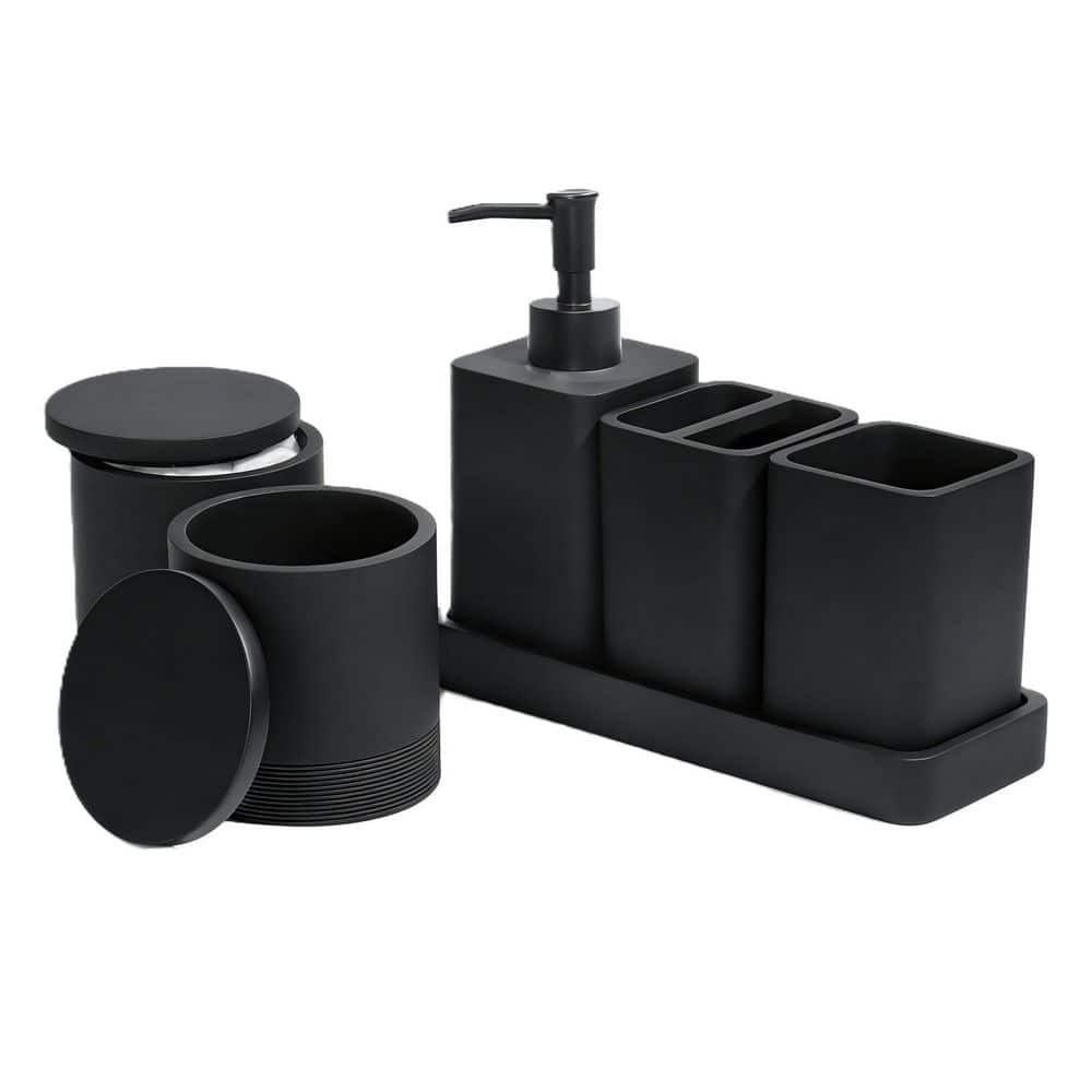 Wudkey 6-Piece Bathroom Accessory Set with Toothbrush Holders, Soap Dispenser, Vanity Tray, Tumbler, Cotton Swab Jars in Black