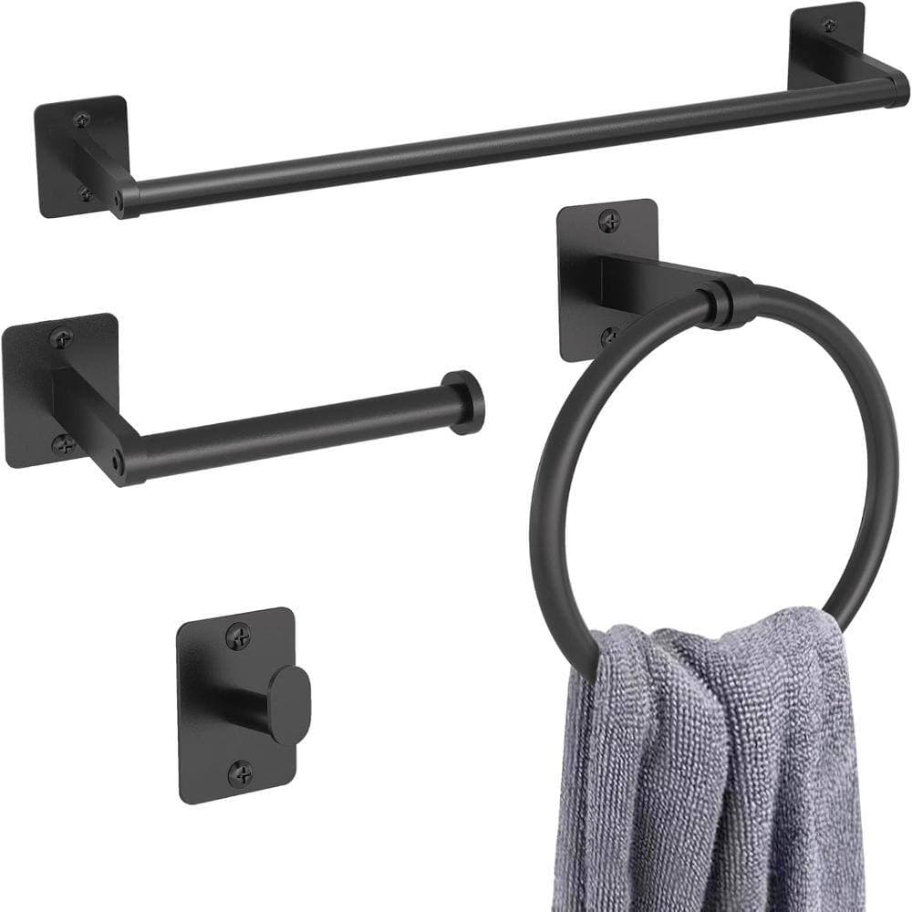 Whatseaso 16 in. W x 3 in. D Decorative Wall Shelf Matte Black 4-Piece Bathroom Hardware Set (2)
