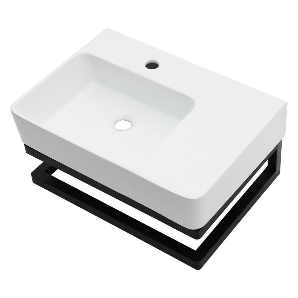 Logmey 23 in. Ceramic Rectangular Wall-Mounted Bathroom Mini Vessel Sink with Single Left Faucet Hole in White (1)