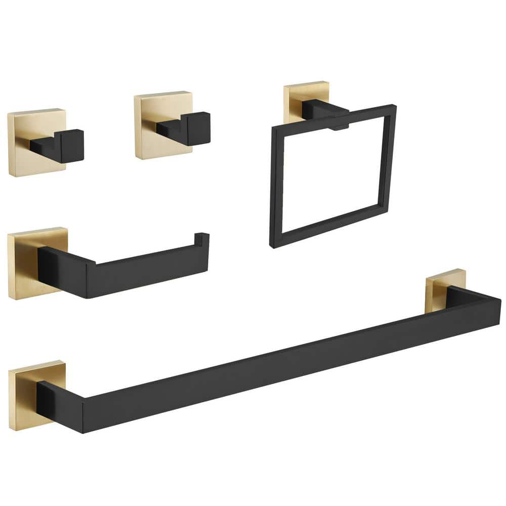 HOMEMYSTIQUE Bathroom Hardware Set 5-Piece Bath Hardware Set with Towel Bar, Towel Ring, Robe Hook, Toilet Paper Holder in Black Gold (1)