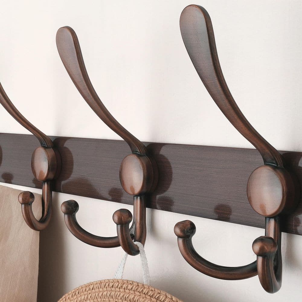 Wudkey 2 Pack Metal Wall Mounted J-Hook Coat Rack, 5 Tri Robe/Towel Hook for Coat Hat Towel Bathroom Entryway in Antique Copper (3)