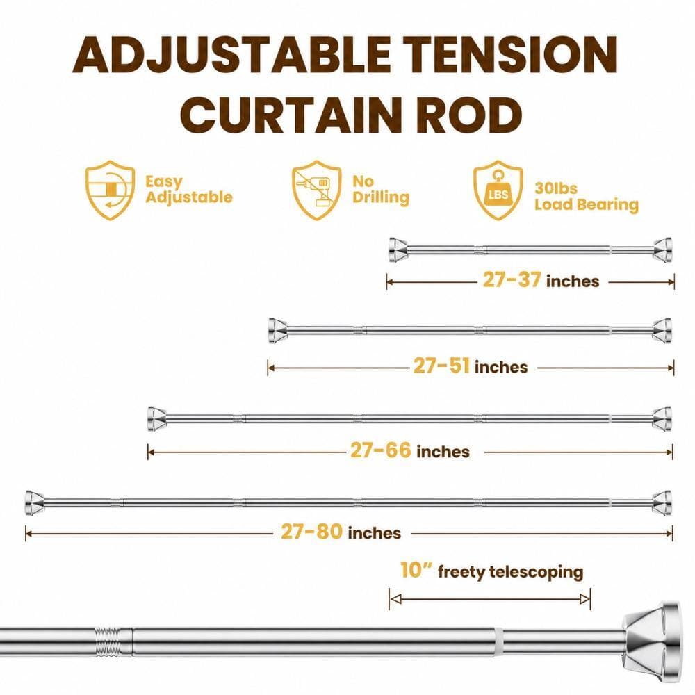 Unbranded Tension Shower Curtain Rod Adjustable 27-80 in. No Drilling Rustproof Premium Spring Steel Rod Silver (3)
