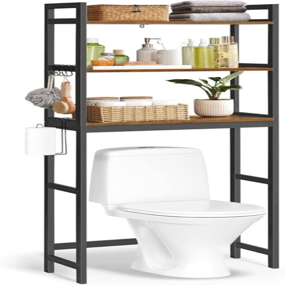 Whatseaso 25 in. W x 66.9 in. H x 10.35 in. D Brown Over The Toilet Storage with Adjustable Shelves and Hooks (3)