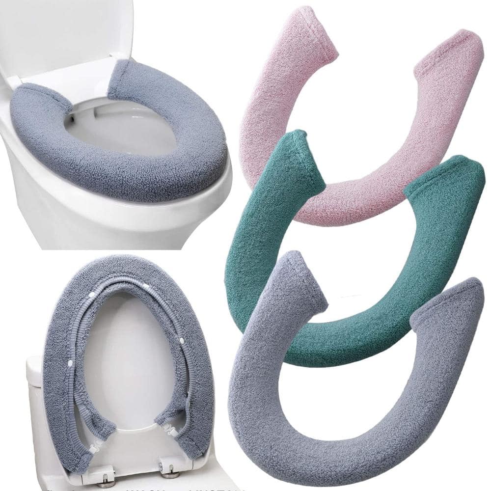 Unbranded 3-Pack Oval High-Stretch Soft Fiber Snap-Closure Washable Toilet Seat Lid Covers in Gray Pink Green